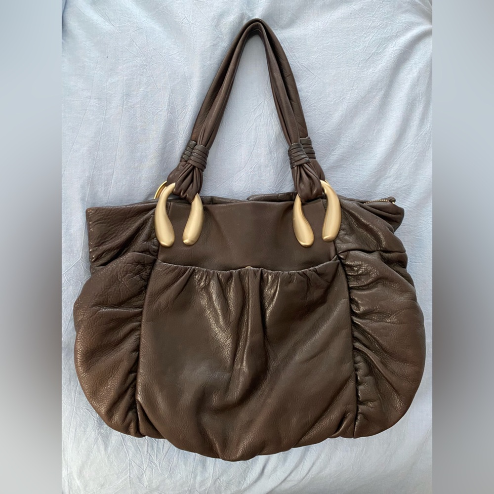 Via Spiga Brown Leather Shoulder Bag with Ruched Design